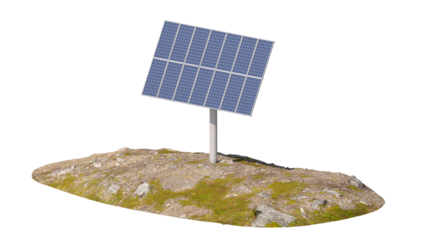 Rotational solar panels tracking the sun during Polar Day in tundra regions. Ecological energy in the Arctic Circle. Isolated on a transparent background. 3D illustration.