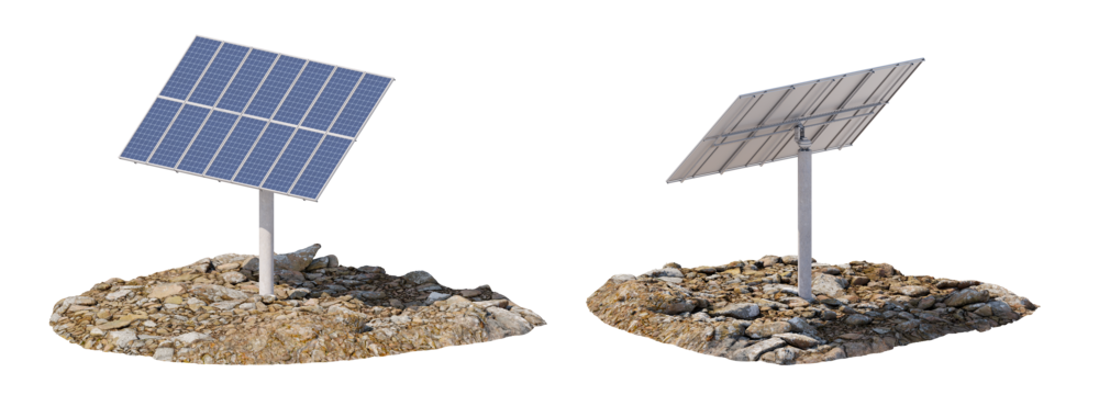 Orthographic view of a solar battery on a rocky surface. Solar energy concept. Isolated on a transparent background. 3D illustration.