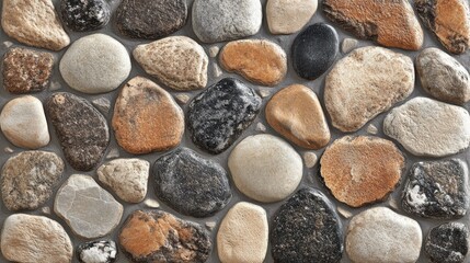 Decorative Pebble Stone Wall, Brown and Gray Tones, Polished Stones Seamless Wall Covering Design, Natural Stone Texture.