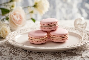 Fototapeta premium Pink Macarons on a Decorative Plate