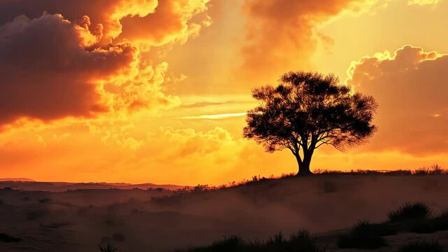 Dramatic sunset over desert landscape with solitary tree and rolling clouds