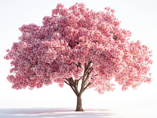 Obraz premium Beautiful cherry blossom tree in full bloom stands alone against clear sky, showcasing its vibrant pink flowers. serene scene evokes sense of tranquility and natural beauty
