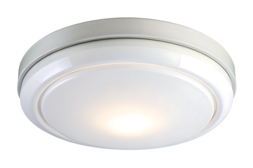 A white round ceiling light fixture with a bright light emitting from the center isolated on white background .PNG