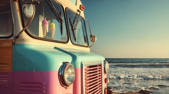 Retro ice cream truck by ocean - Powered by Adobe