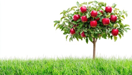 Lush green grass borders a small apple tree laden with ripe, red apples against a stark white background
