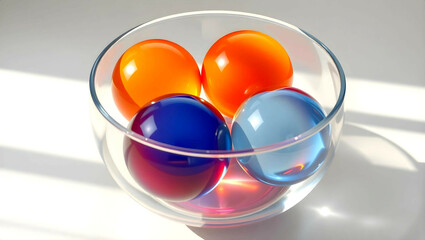Side view of three glass spheres in a transparent bowl under bright lighting creating shiny reflections. Concept: Color composition in glass.