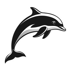Fototapeta premium Silhouette of a single dolphin jumping in black and white illustration