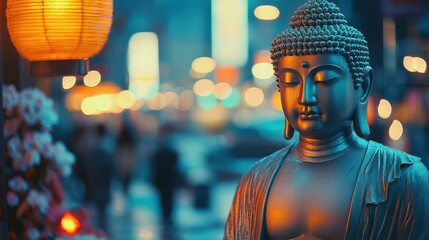 Serene Buddha Statue in City Lights A Moment of Peace
