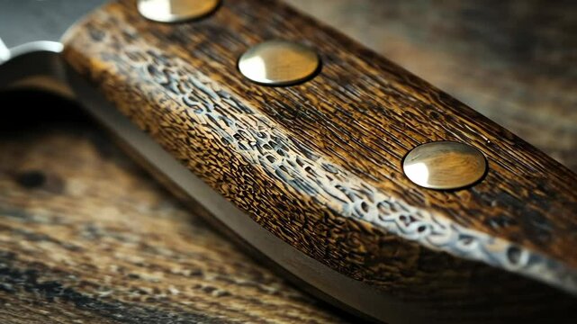 Closeup of wooden knife handle with brass rivets on rustic surface