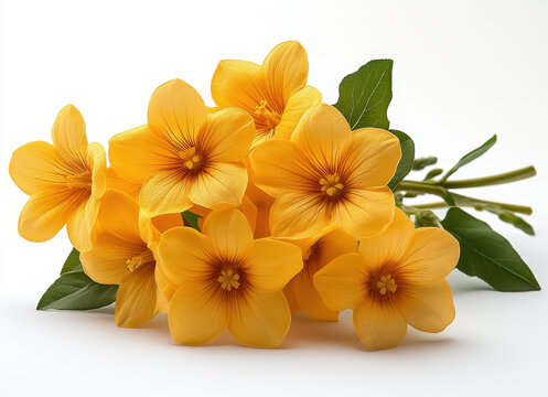 Yellow Hesperus Flowers with Green Leaves Isolated on White Background