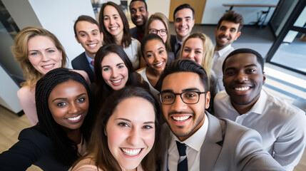 Successful multi-ethnic business team smiling and taking a selfie in a modern office. Professional, diverse, and united colleagues showcasing teamwork and success.

