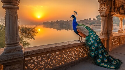 Majestic peacock at sunrise overlooking a serene lake and ancient architecture.