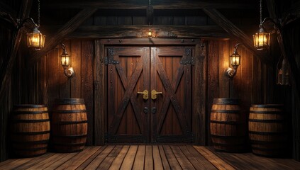 Rustic wooden door entrance with lanterns and barrels