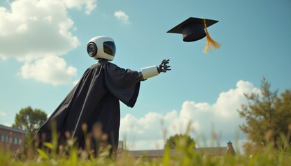 robot wearing gown trowing graduation hat to the sky