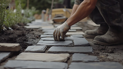 Gardener Laying Stone Pathway in a Garden
