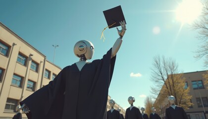 robot wearing gown trowing graduation hat to the sky