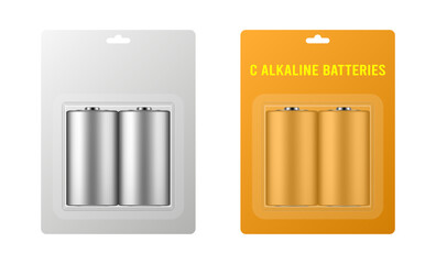 C alkaline batteries in a package with transparent window and hanging hole. Realistic mockup