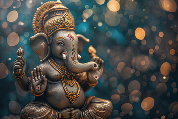 Fototapeta premium Bright holiday composition for happy Ganesh Chaturthi, abstract vivid composition consists of fictional unreal fantastic vision on background