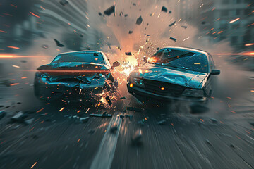 Collision of vehicles involved in major accident on city road with major damage, abstract vivid composition consists of fictional unreal fantastic vision on background