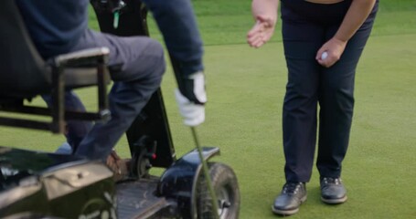 Golf, coach and man with a disability on course for playing game, training and sports. Retirement, golfer club and elderly person in mobility buggy learning golfing for fun, hobby and stroke outdoors