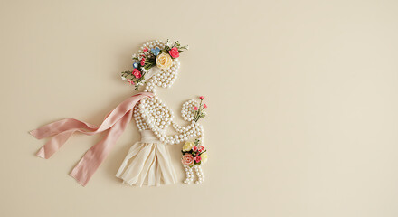 DELICATE COMPOSITION WITH PEARLS, SOFT FABRICS, AND MINI FLOWER BOUQUETS FORMING THE SILHOUETTE OF A MOTHER AND CHILD ON A CREAM BACKGROUND
