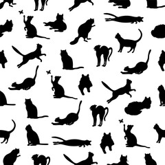 Seamless pattern of black silhouettes of cats in various poses on a white background.Vector pattern of pets for textiles, backgrounds, and packaging of cat products.