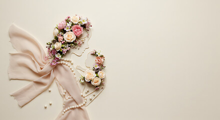 DELICATE COMPOSITION WITH PEARLS, SOFT FABRICS, AND MINI FLOWER BOUQUETS FORMING THE SILHOUETTE OF A MOTHER AND CHILD ON A CREAM BACKGROUND