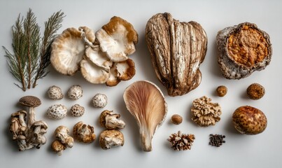 Diverse Collection of Fresh Mushrooms and Natural Elements Displayed