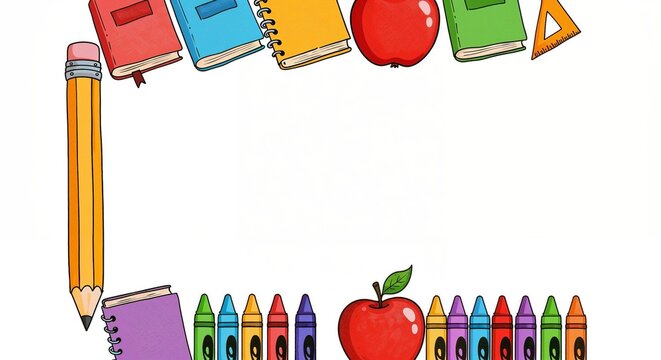 Colorful school supplies border with books, crayons, and apple for educational blogs, classroom visual aids, back-to-school themes, and learning resource layouts.