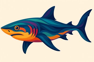 Fototapeta premium Modern flat vector style illustration of a shark jumping playfully with colorful minimalist shapes and abstract playful landscape in the background