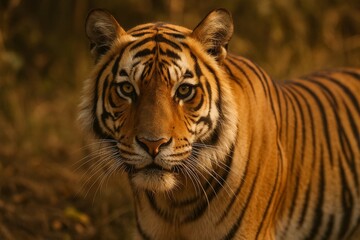 Fototapeta premium Close-up wildlife photograph showing a tiger resting in natural habitat among green foliage and soft sunlight filtering through dense forest trees