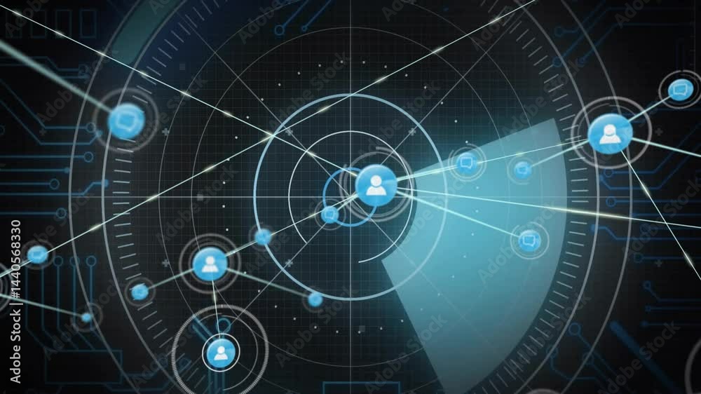Poster central user node connecting with blue chat bubble icons and data points in technology interface
