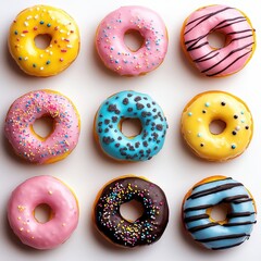 Colorful Assorted Donuts with Sprinkles and Icing Arranged in a Neat Pattern on White Background for Sweet Treats and Dessert Inspiration