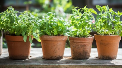 Fototapeta premium Four plants in terracotta pots on a wooden table