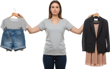 Woman Choosing Between Casual and Professional Attire Options