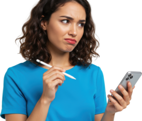 Woman Deep in Thought Using Stylus and Smartphone