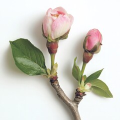 Fototapeta premium A close-up view of delicate pink flower buds on a slender branch, showcasing the intricate details of nature, with a soft white background emphasizing their beauty and freshness