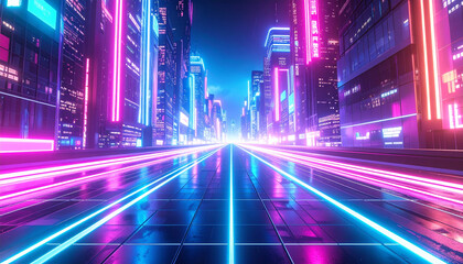 Futuristic cityscape with neon lights and glowing lines creating abstract texture of vibrant colors and modern urban atmosphere