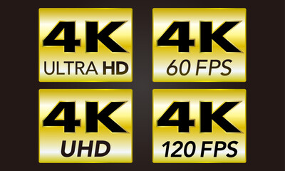 4K Ultra HD Resolution and 60FPS 120FPS Icon Set. Golden Sign Symbols for Video, Packaging, and Design Materials
