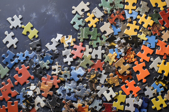jigsaw puzzle with many pieces scattered on a table. The puzzle pieces are of different colors and sizes, creating a visually interesting and chaotic scene. Concept of disarray and challenge