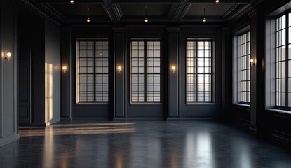 Dark, elegant room with large windows, coffered ceiling, and wall sconces