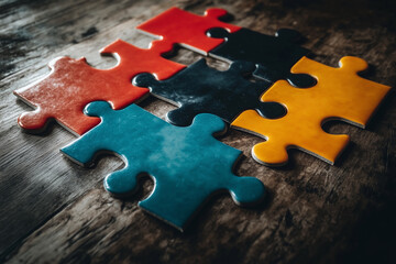  puzzle with pieces of different colors and sizes. The puzzle is incomplete and the pieces are scattered on a wooden surface