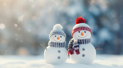 Obraz premium Two little snowmen wearing caps on snow in the winter, with space for festive text.