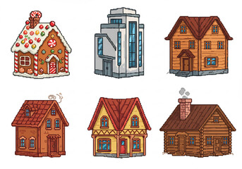 Six Colorful Houses in Various Architectural Styles Pixel Art Illustration