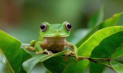 Naklejka premium A vibrant green frog sits on lush leaves
