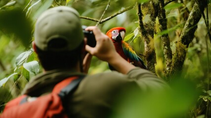 Man taking a photo of a scarlet macaw in rainforest