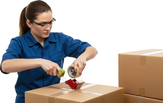 Woman in Blue Uniform Carefully Taping Cardboard Boxes with Dispenser - Powered by Adobe