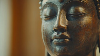 Serene Bronze Buddha Statue Close-up of Peaceful Face