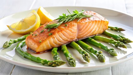 Pan-seared fried salmon steak served atop a bed of steamed green asparagus spears on a white plate, seafood, serving,  seafood