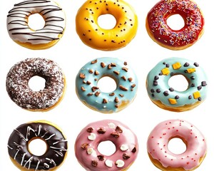 Fototapeta premium Colorful Assortment of Delicious Donuts with Various Frosting and Toppings in a Visually Appealing Arrangement for Dessert Lovers